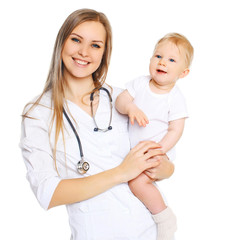 Portrait of smiling woman doctor and baby on a white background