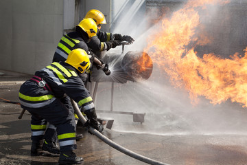 Firefighters attack a propane fire during a training exercise