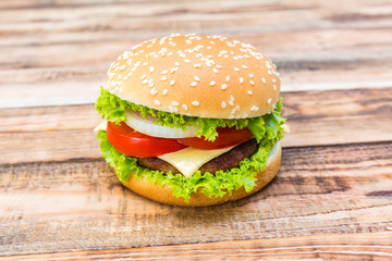 Hamburger on wood table