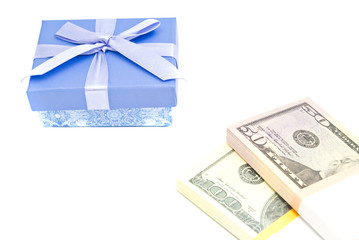 money and blue gift box on white