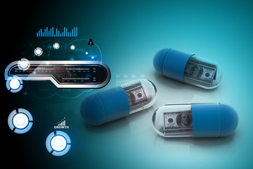 3d illustration of green pill filled with dollar