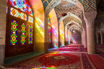 Colorful stained glass windows in Nasir al-Mulk Mosque, Shiraz, Iran