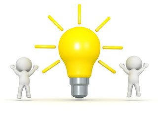 Two 3D Characters Cheering and Large Light Bulb
