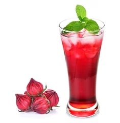 Wall murals Juice Hibiscus sabdariffa or roselle fruits and roselle juice isolated