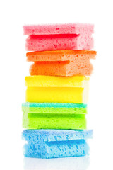 Stack of Colorful Cleaning Sponges on White Backgorund