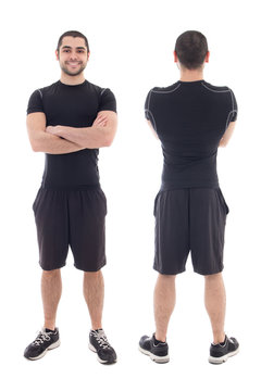front and back view of handsome bearded arabic sportsman isolate