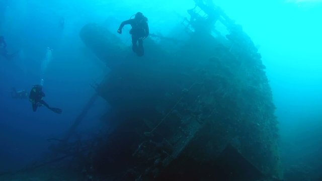 Diver visiting the stern of the wreck Giannis D, Red Sea 