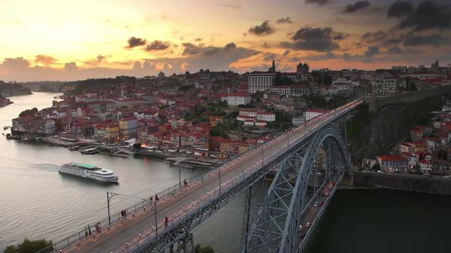Porto, Portugal old town skyline over the Dom Louis I Bridge.
