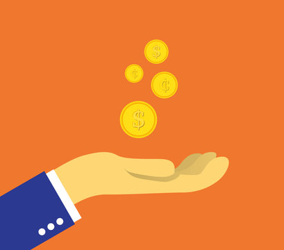 Set of coins on the palm, vector
