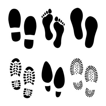 Set of footprints and shoes, vector