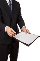 Businessman giving a document to you isolated on white