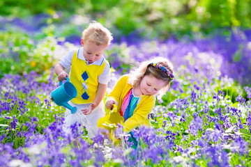 Kids planting flowers, watering flower bed