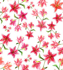 Watercolour lilies seamless background pattern