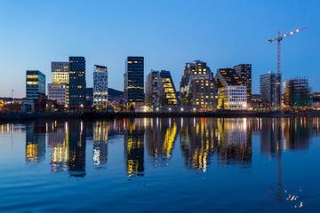 Modern buildings in Oslo at twilight