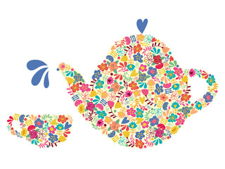 Silhouette teapot and cups of floral pattern.