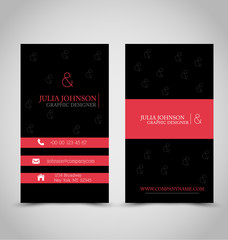 Business card set template. Red and black color. 