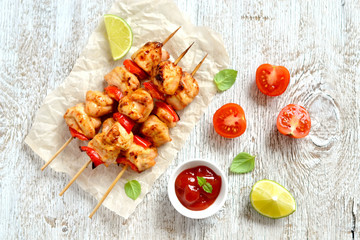 chicken kebabs on wooden skewers 