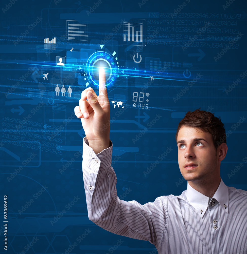 Poster Handsome businessman touching future web technology buttons and