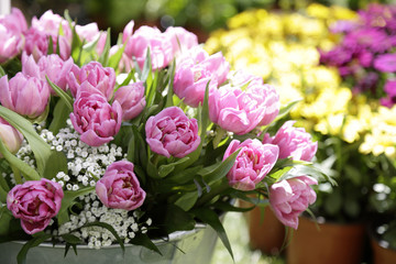 Close of some pink tulips in bloom in a street flower market