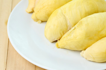 King of fruits, close up durian on white dish.