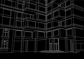 architectural sketch large apartment building black background