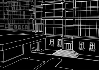 architectural linear sketch building few levels black background