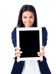 Businesswoman showing blank tablet computer screen