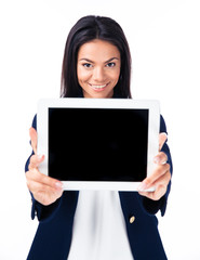 Fototapeta premium Businesswoman showing tablet computer screen