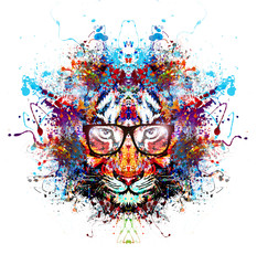 Абстрактный красочный Тигр в очках на белом фоне - obrazy, fototapety, plakaty