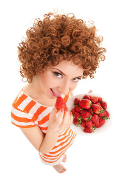 un woman with strawberry on the white background