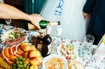 Table with food and drink. traditional wedding banquet.