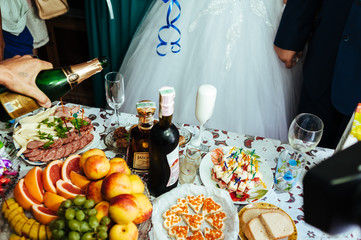 Table with food and drink. traditional wedding banquet.