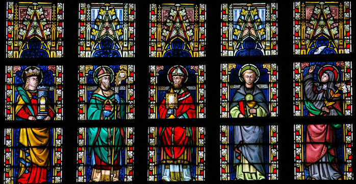 Stained glass window depicting Catholic Saints