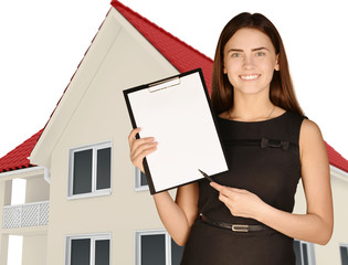 Office girl standing on background of country house, and
