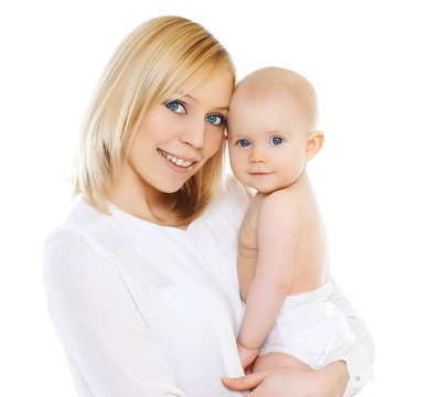 Portrait of happy mother and baby on a white background