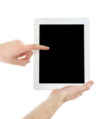 Male hands holding digital tablet isolated on white
