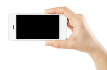Hand holding mobile smart phone isolated on white