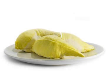 piece of durian on dish and white background, Thai fruits