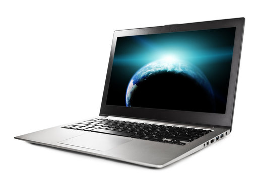 Laptop with planet on screen,  Elements of this image furnished