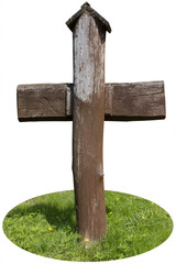 The brown wooden cross from pine logs 