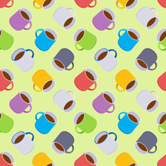 Seamless pattern with the colored coffee mugs