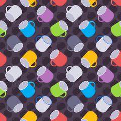 Seamless pattern with the colored coffee mugs