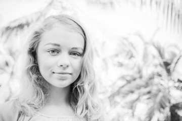 Blond beautiful girl teenager,  monochrome portrait