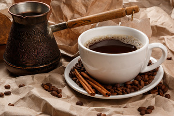 Coffee cup and cezve for turkish coffee