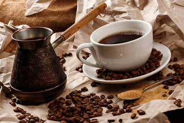 Coffee cup and cezve for turkish coffee