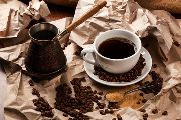 Coffee cup and cezve for turkish coffee