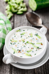 Cold soup with cucumbers, yogurt and fresh herbs