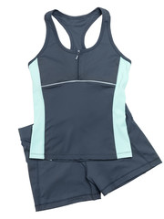 Womens fitness outfit gray shirt and shorts
