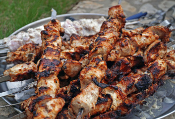 Delicious meat kebabs on skewers 