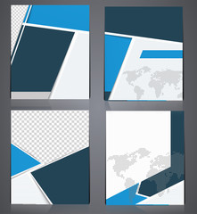 Set of blue business brochures in one style with world map